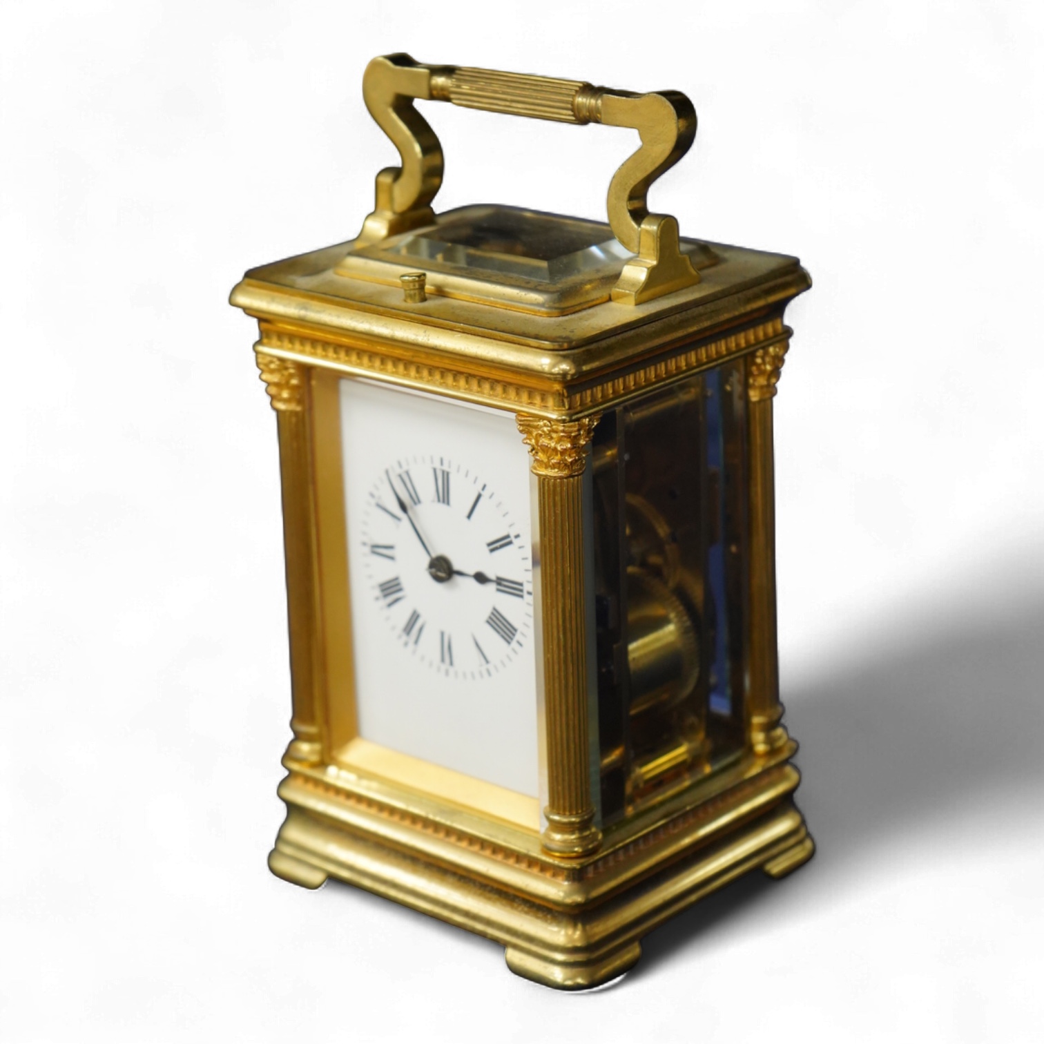 An early 20th century French brass carriage clock, gong-striking with repeat, 13cm high, 16.5cm high